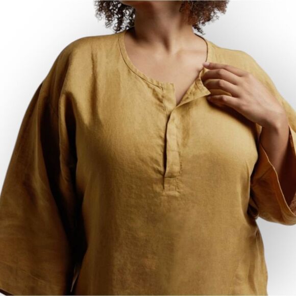 Parachute 100%Linen Flax Ochre Yellow Tan Midi Dress V-Neck Elbow-Length Sleeves - Picture 4 of 8